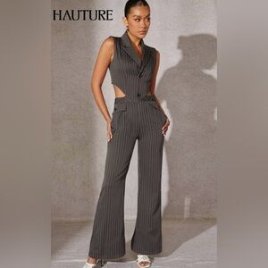 SHEIN Black Pinstripe Cutout Jumpsuit